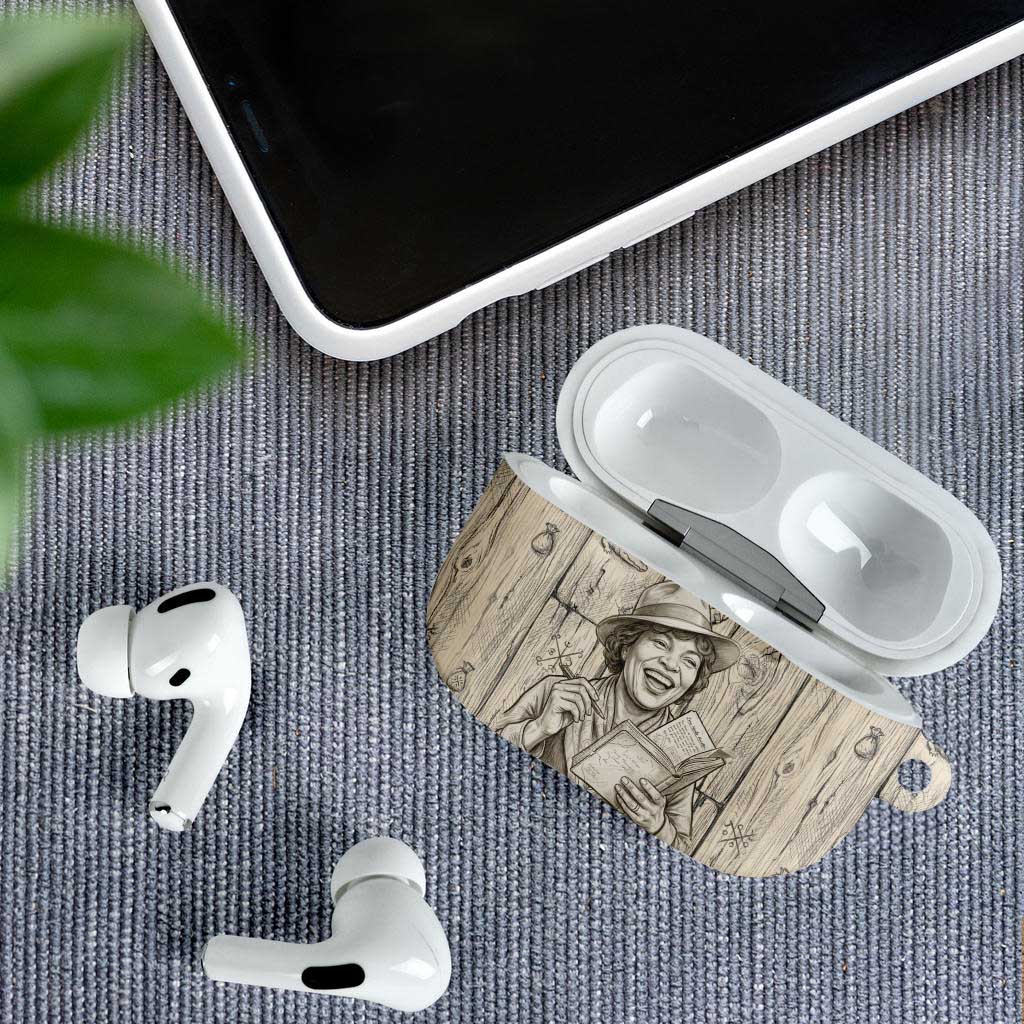 Zora Neale Hurston AirPods Case Rustic Wood Engraved Style Illustration Joyful Portrait with Book and Map Donkey - African Pride