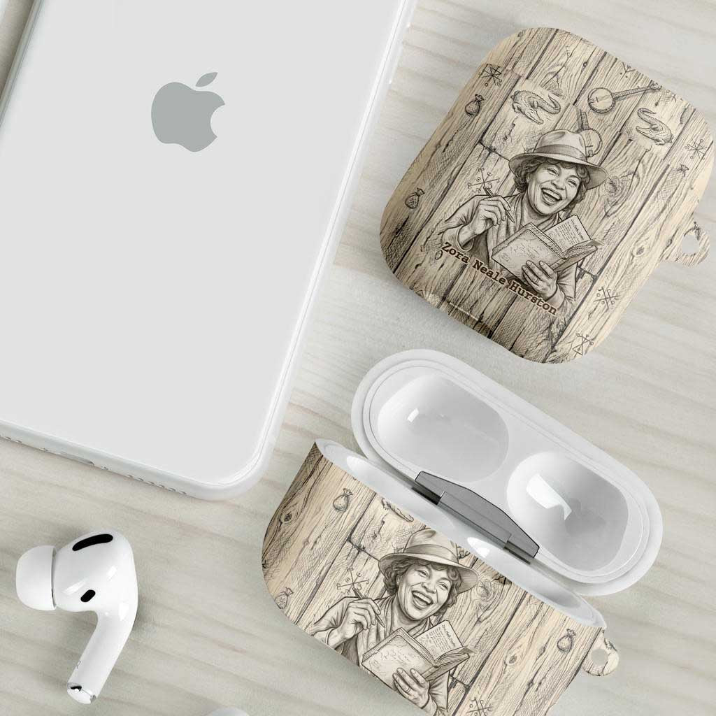 Zora Neale Hurston AirPods Case Rustic Wood Engraved Style Illustration Joyful Portrait with Book and Map Donkey - African Pride