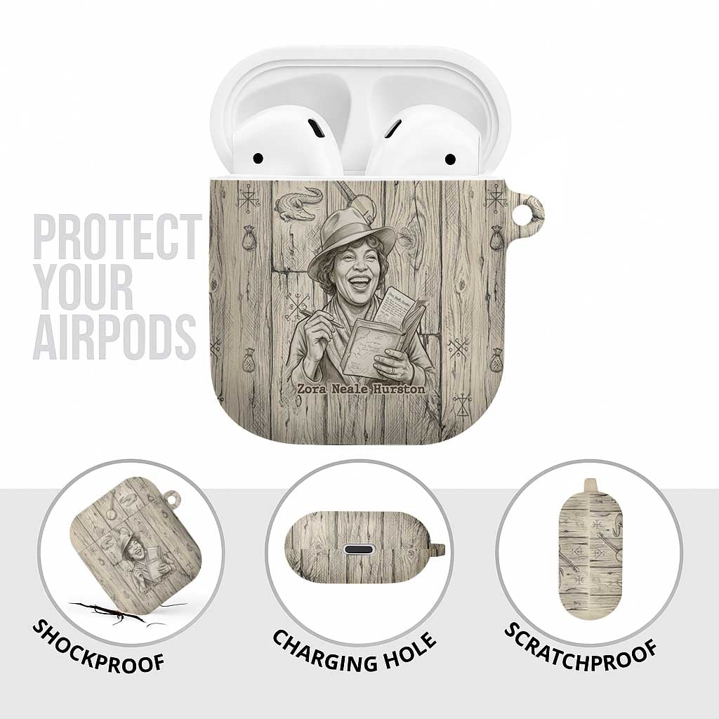 Zora Neale Hurston AirPods Case Rustic Wood Engraved Style Illustration Joyful Portrait with Book and Map Donkey - African Pride