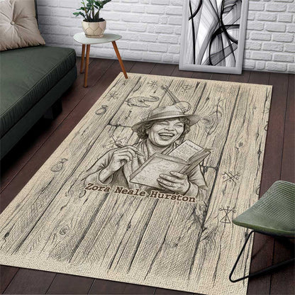 Zora Neale Hurston Area Rug Rustic Wood Engraved Style Illustration Joyful Portrait with Book and Map Donkey - African Pride