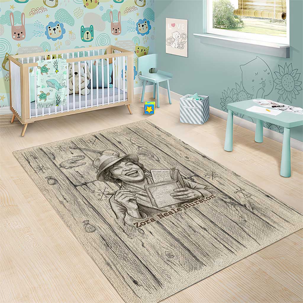 Zora Neale Hurston Area Rug Rustic Wood Engraved Style Illustration Joyful Portrait with Book and Map Donkey - African Pride