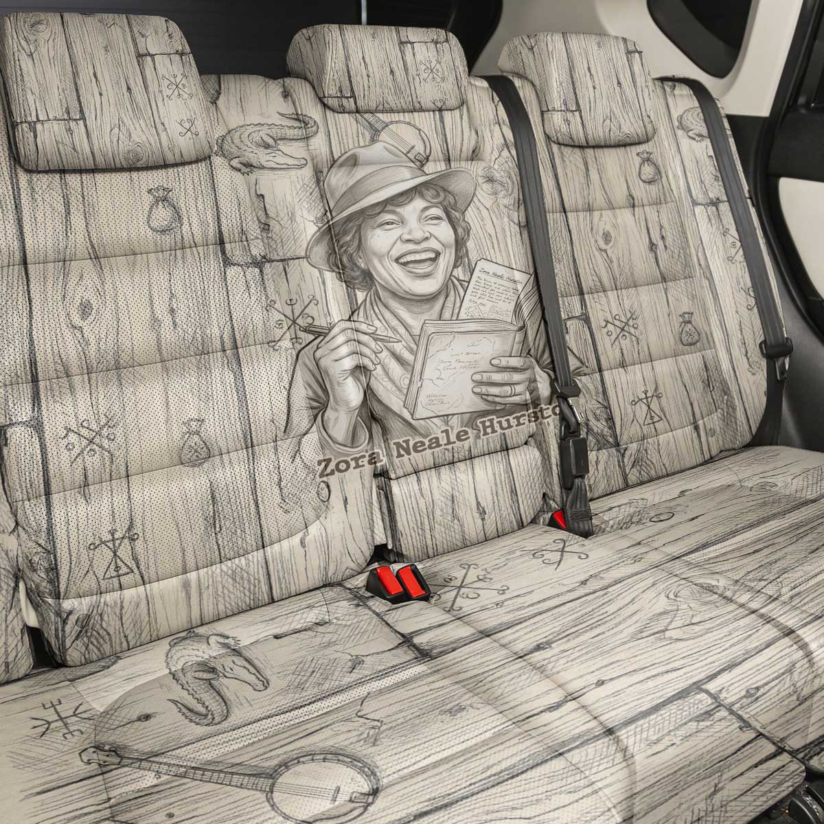 Zora Neale Hurston Back Car Seat Cover Rustic Wood Engraved Style Illustration Joyful Portrait with Book and Map Donkey - African Pride