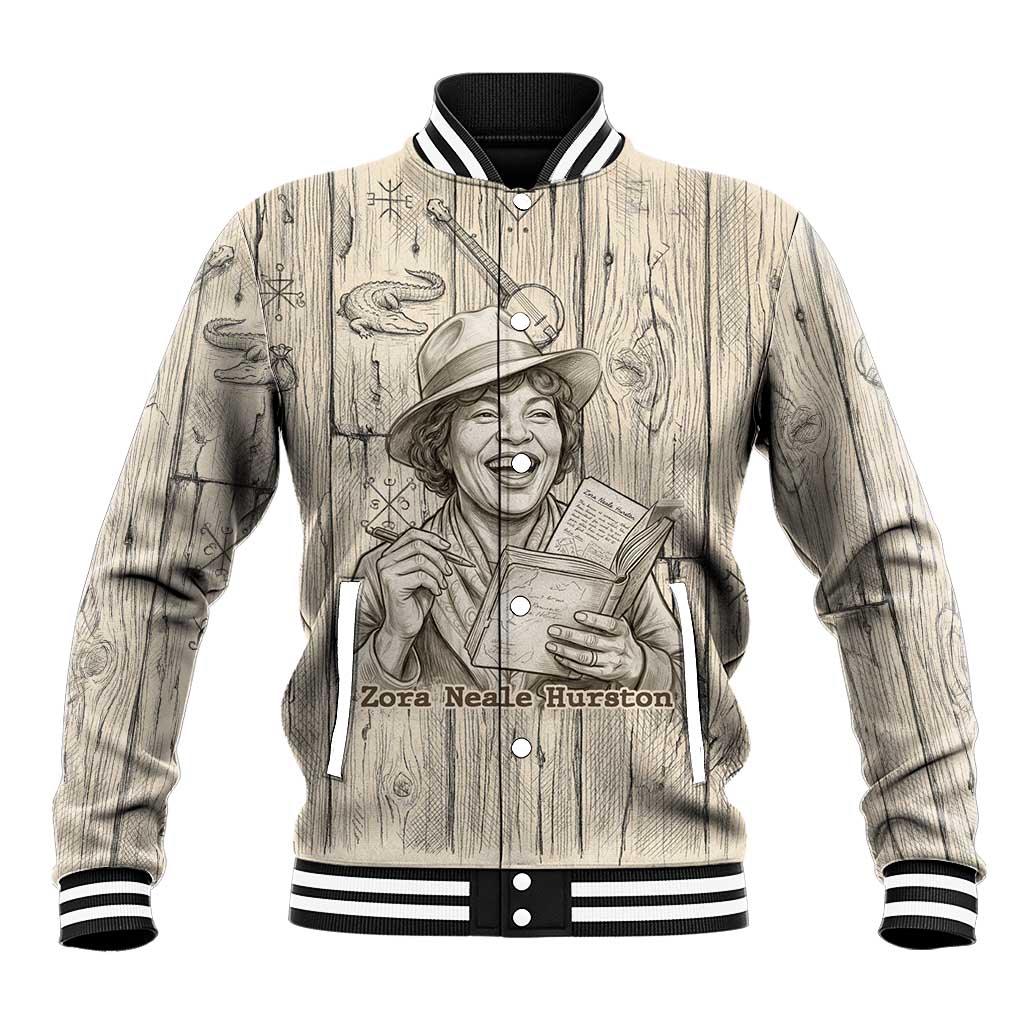 Zora Neale Hurston Baseball Jacket Rustic Wood Engraved Style Illustration Joyful Portrait with Book and Map Donkey - African Pride