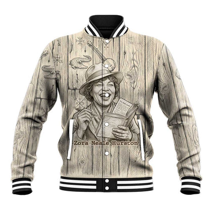 Zora Neale Hurston Baseball Jacket Rustic Wood Engraved Style Illustration Joyful Portrait with Book and Map Donkey - African Pride
