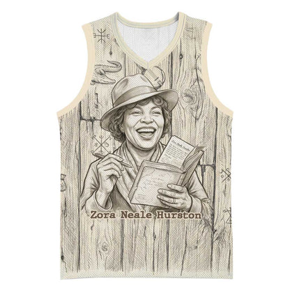 Zora Neale Hurston Basketball Jersey Rustic Wood Engraved Style Illustration Joyful Portrait with Book and Map Donkey - African Pride