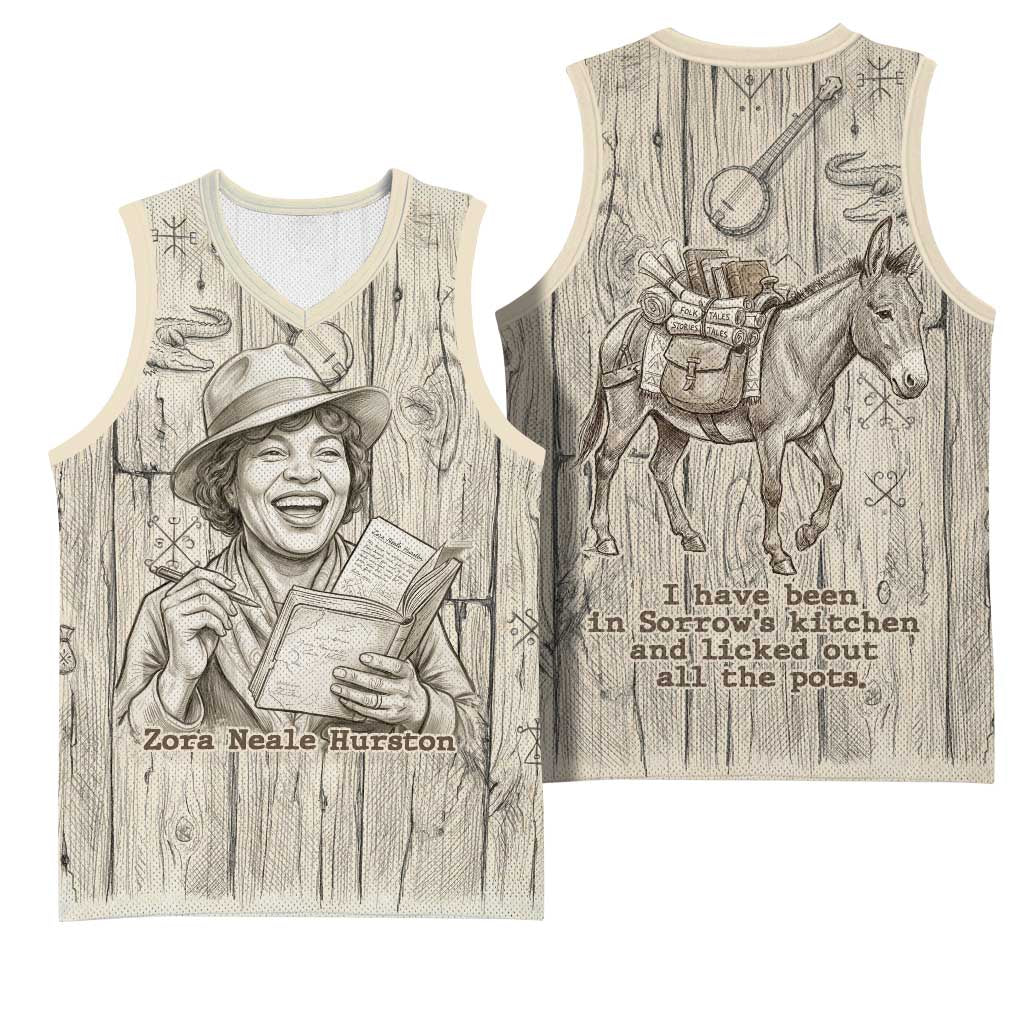 Zora Neale Hurston Basketball Jersey Rustic Wood Engraved Style Illustration Joyful Portrait with Book and Map Donkey - African Pride
