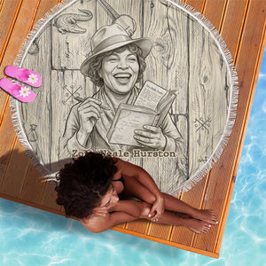 Zora Neale Hurston Beach Blanket Rustic Wood Engraved Style Illustration Joyful Portrait with Book and Map Donkey - African Pride