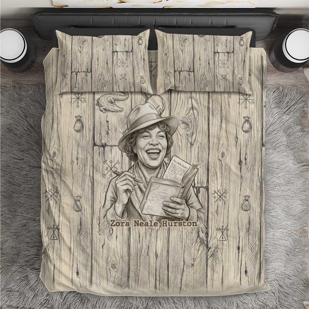 Zora Neale Hurston Bedding Set Rustic Wood Engraved Style Illustration Joyful Portrait with Book and Map Donkey - African Pride