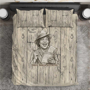 Zora Neale Hurston Bedding Set Rustic Wood Engraved Style Illustration Joyful Portrait with Book and Map Donkey - African Pride