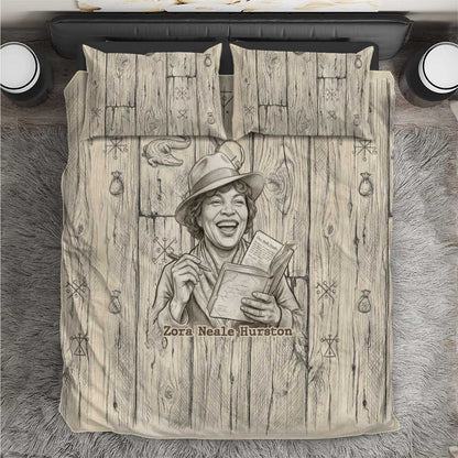 Zora Neale Hurston Bedding Set Rustic Wood Engraved Style Illustration Joyful Portrait with Book and Map Donkey - African Pride