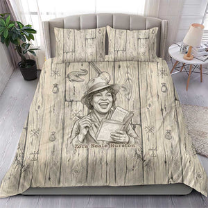 Zora Neale Hurston Bedding Set Rustic Wood Engraved Style Illustration Joyful Portrait with Book and Map Donkey - African Pride