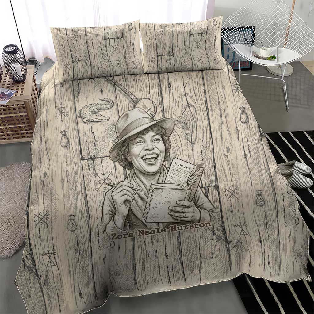 Zora Neale Hurston Bedding Set Rustic Wood Engraved Style Illustration Joyful Portrait with Book and Map Donkey - African Pride