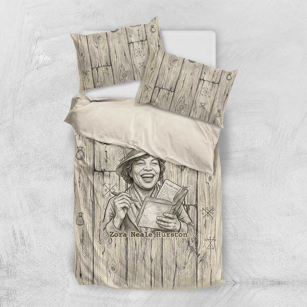 Zora Neale Hurston Bedding Set Rustic Wood Engraved Style Illustration Joyful Portrait with Book and Map Donkey - African Pride