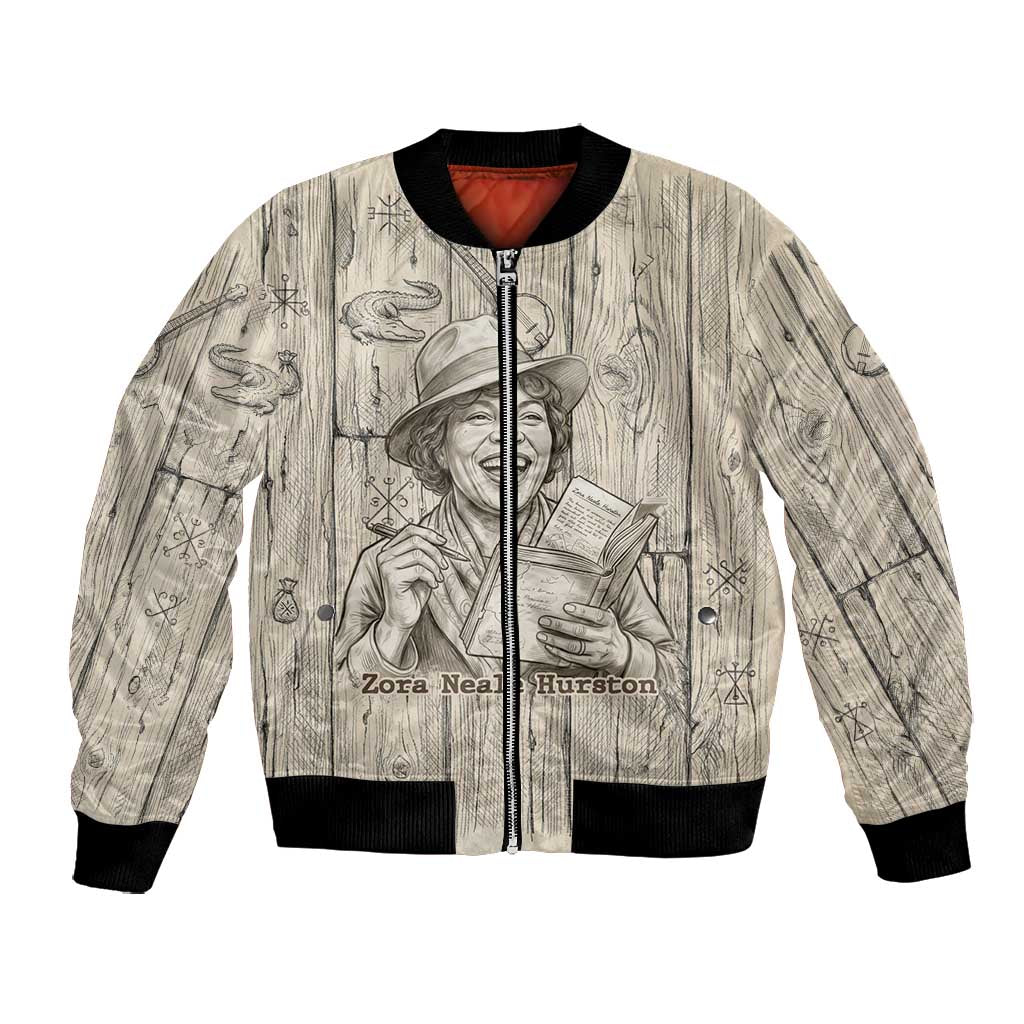 Zora Neale Hurston Bomber Jacket Rustic Wood Engraved Style Illustration Joyful Portrait with Book and Map Donkey - African Pride