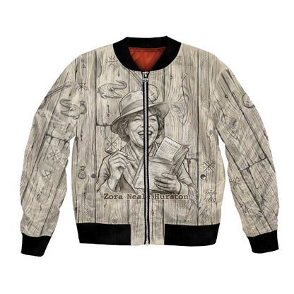 Zora Neale Hurston Bomber Jacket Rustic Wood Engraved Style Illustration Joyful Portrait with Book and Map Donkey - African Pride