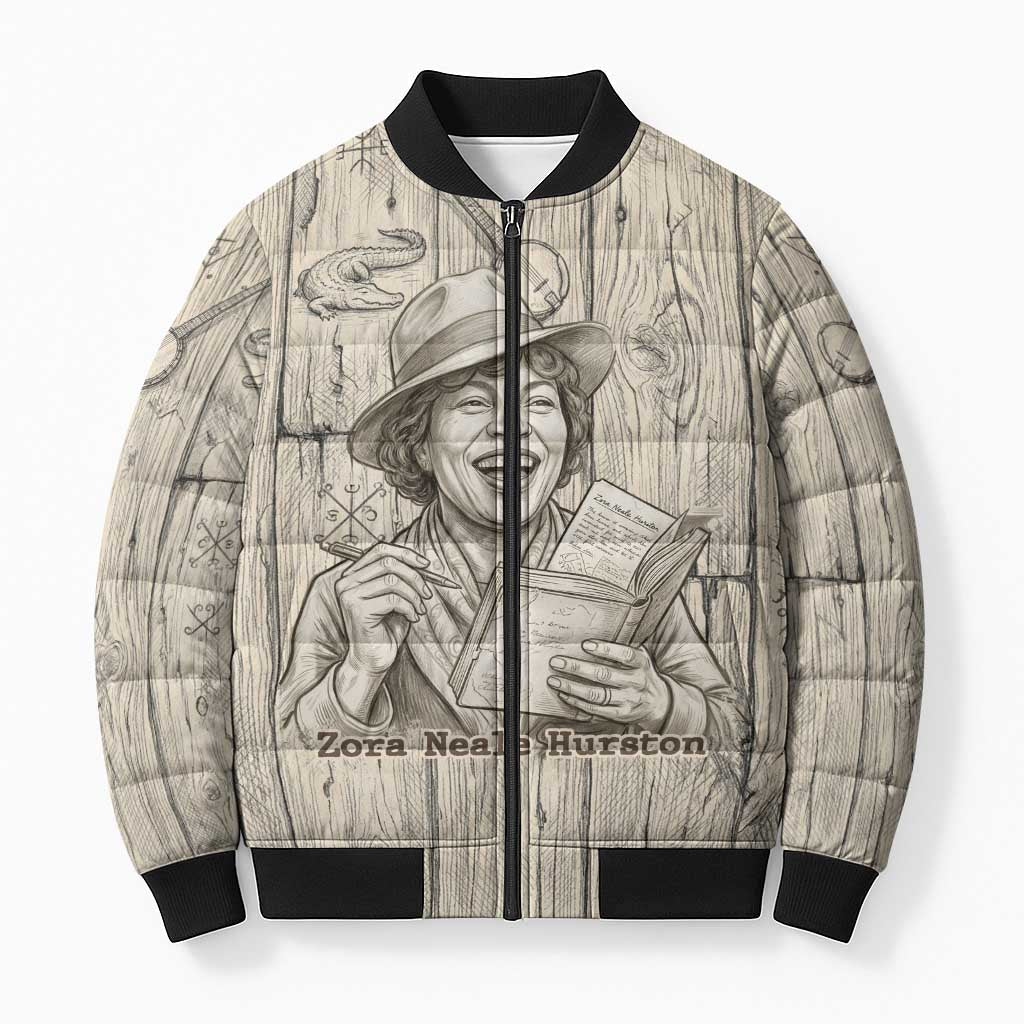 Zora Neale Hurston Bomber Puffer Jacket Rustic Wood Engraved Style Illustration Joyful Portrait with Book and Map Donkey - African Pride