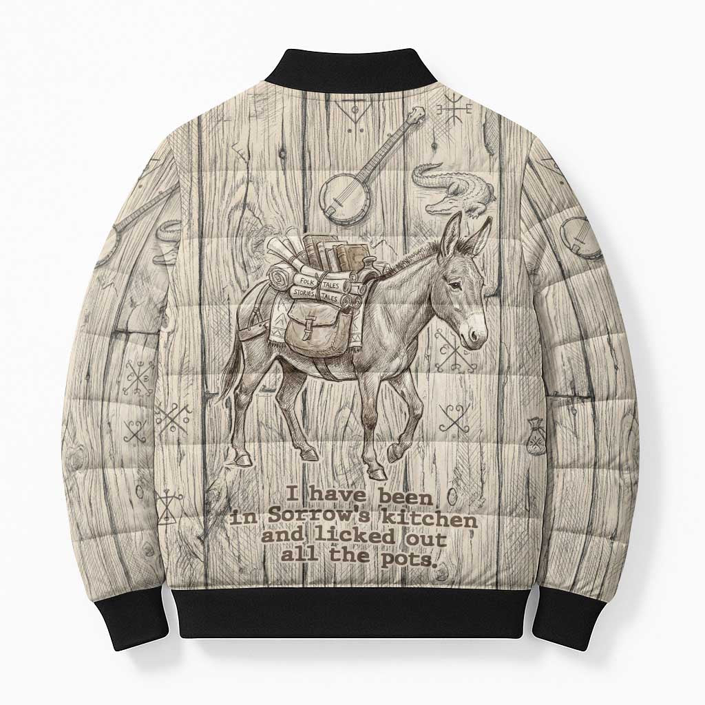Zora Neale Hurston Bomber Puffer Jacket Rustic Wood Engraved Style Illustration Joyful Portrait with Book and Map Donkey - African Pride