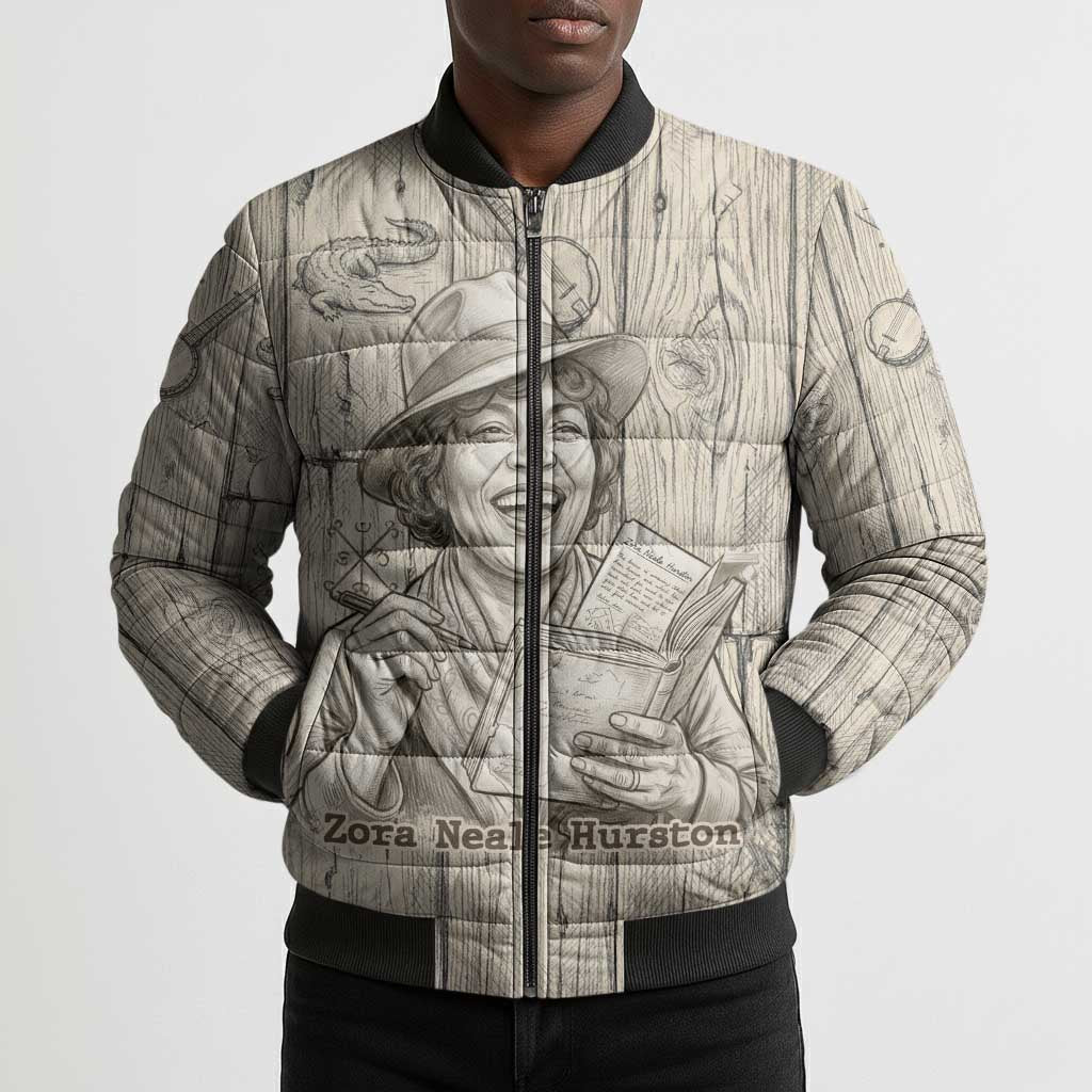 Zora Neale Hurston Bomber Puffer Jacket Rustic Wood Engraved Style Illustration Joyful Portrait with Book and Map Donkey - African Pride