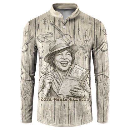 Zora Neale Hurston Button Sweatshirt Rustic Wood Engraved Style Illustration Joyful Portrait with Book and Map Donkey