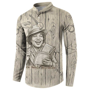 Zora Neale Hurston Button Sweatshirt Rustic Wood Engraved Style Illustration Joyful Portrait with Book and Map Donkey