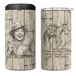 Zora Neale Hurston 4 in 1 Can Cooler Tumbler Rustic Wood Engraved Style Illustration Joyful Portrait with Book and Map Donkey - African Pride