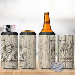 Zora Neale Hurston 4 in 1 Can Cooler Tumbler Rustic Wood Engraved Style Illustration Joyful Portrait with Book and Map Donkey - African Pride
