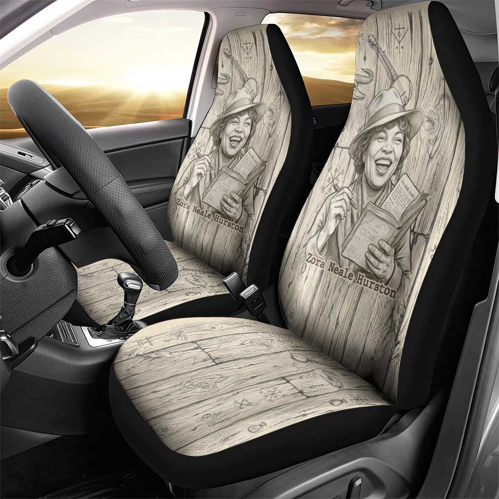 Zora Neale Hurston Car Seat Cover Rustic Wood Engraved Style Illustration Joyful Portrait with Book and Map Donkey - African Pride