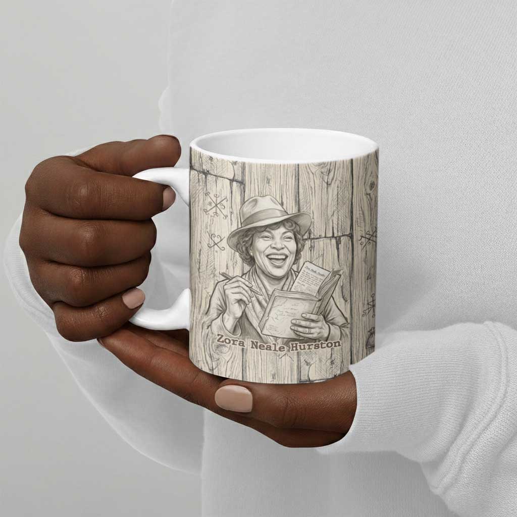 Zora Neale Hurston Ceramic Mug Rustic Wood Engraved Style Illustration Joyful Portrait with Book and Map Donkey - African Pride