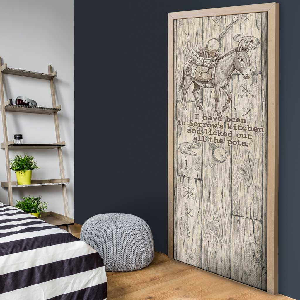 Zora Neale Hurston Door Cover Rustic Wood Engraved Style Illustration Joyful Portrait with Book and Map Donkey - African Pride