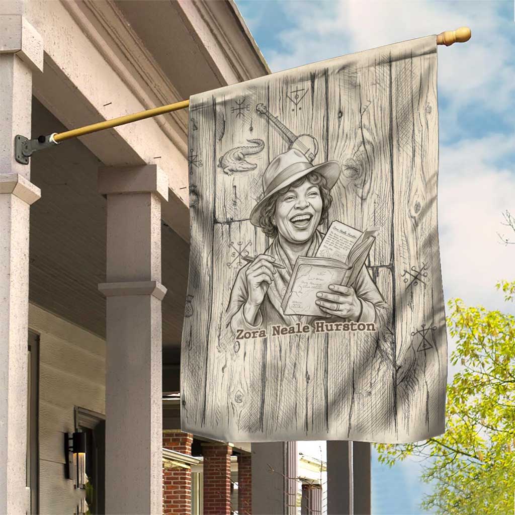 Zora Neale Hurston Garden Flag Rustic Wood Engraved Style Illustration Joyful Portrait with Book and Map Donkey - African Pride