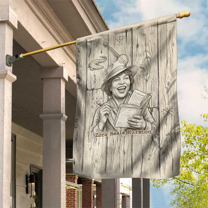 Zora Neale Hurston Garden Flag Rustic Wood Engraved Style Illustration Joyful Portrait with Book and Map Donkey - African Pride