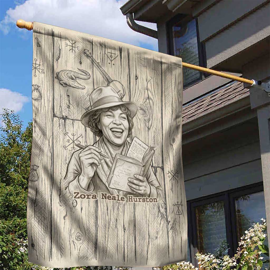 Zora Neale Hurston Garden Flag Rustic Wood Engraved Style Illustration Joyful Portrait with Book and Map Donkey - African Pride
