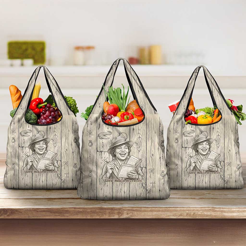 Zora Neale Hurston Grocery Bag Rustic Wood Engraved Style Illustration Joyful Portrait with Book and Map Donkey - African Pride