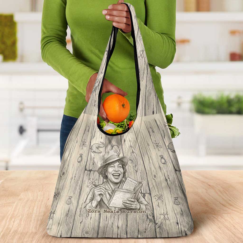 Zora Neale Hurston Grocery Bag Rustic Wood Engraved Style Illustration Joyful Portrait with Book and Map Donkey - African Pride