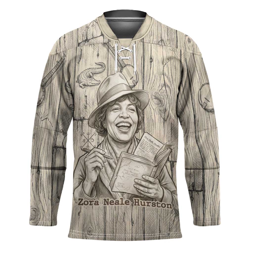 Zora Neale Hurston Hockey Jersey Rustic Wood Engraved Style Illustration Joyful Portrait with Book and Map Donkey - African Pride