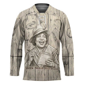 Zora Neale Hurston Hockey Jersey Rustic Wood Engraved Style Illustration Joyful Portrait with Book and Map Donkey - African Pride