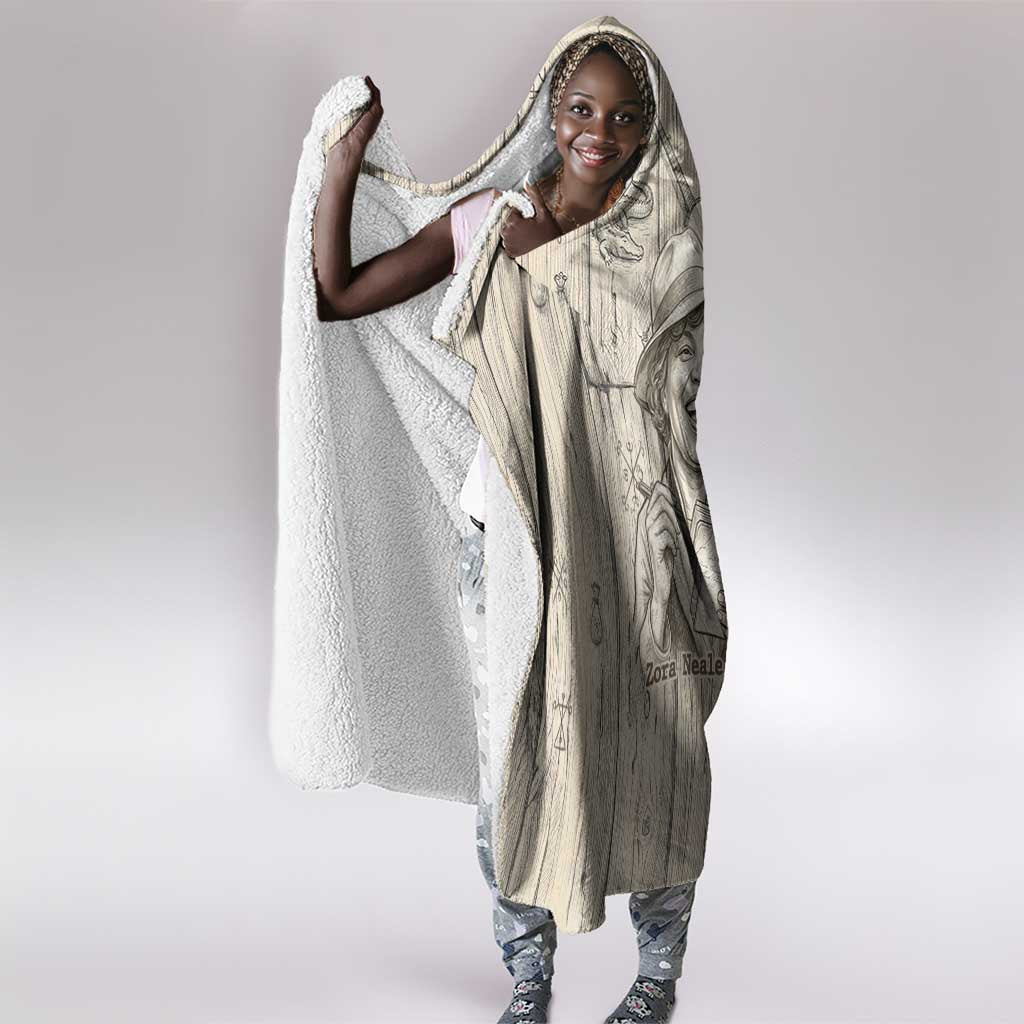 Zora Neale Hurston Hooded Blanket Rustic Wood Engraved Style Illustration Joyful Portrait with Book and Map Donkey - African Pride