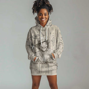 Zora Neale Hurston Hoodie Dress Rustic Wood Engraved Style Illustration Joyful Portrait with Book and Map Donkey - African Pride