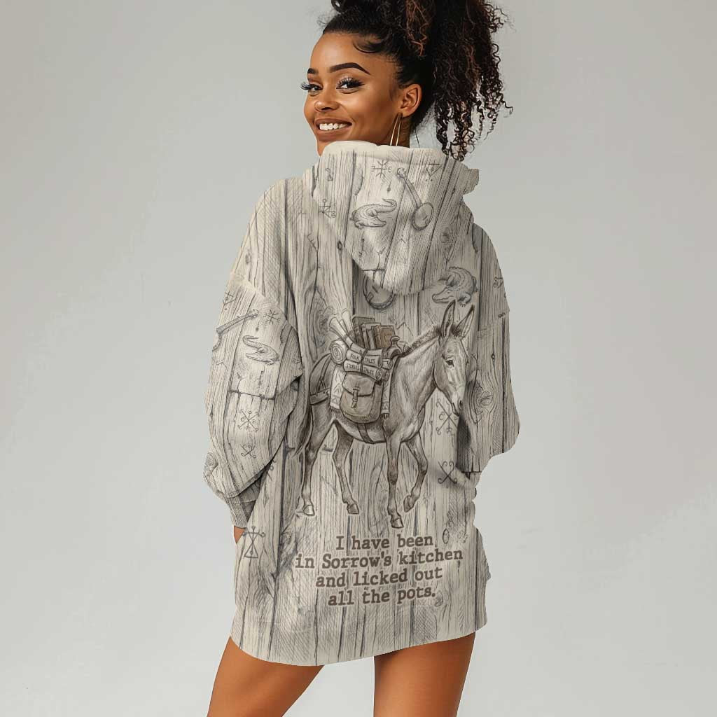 Zora Neale Hurston Hoodie Dress Rustic Wood Engraved Style Illustration Joyful Portrait with Book and Map Donkey - African Pride
