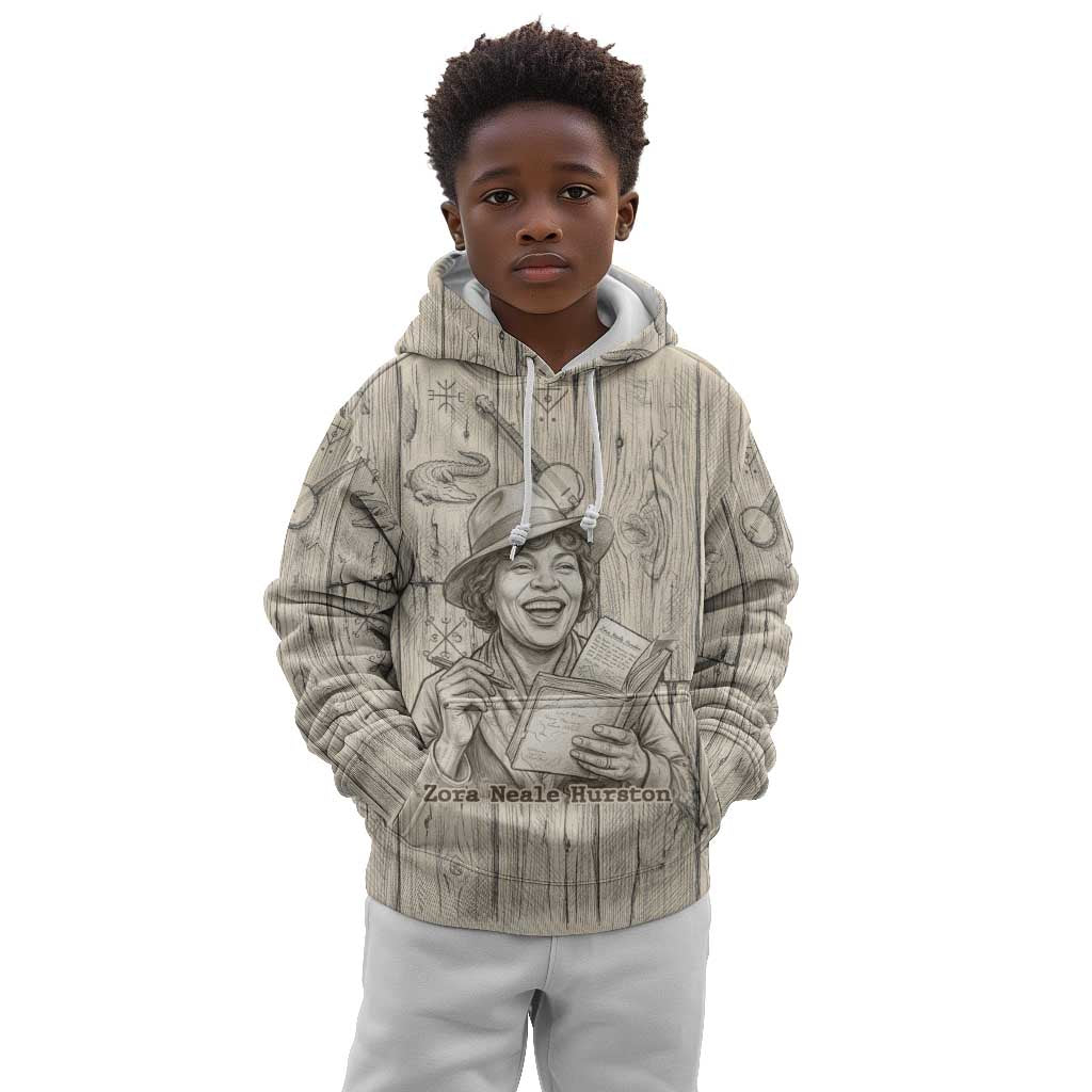 Zora Neale Hurston Kid Hoodie Rustic Wood Engraved Style Illustration Joyful Portrait with Book and Map Donkey - African Pride