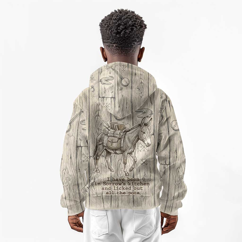 Zora Neale Hurston Kid Hoodie Rustic Wood Engraved Style Illustration Joyful Portrait with Book and Map Donkey - African Pride