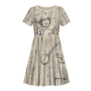 Zora Neale Hurston Kid Short Sleeve Dress Rustic Wood Engraved Style Illustration Joyful Portrait with Book and Map Donkey - African Pride