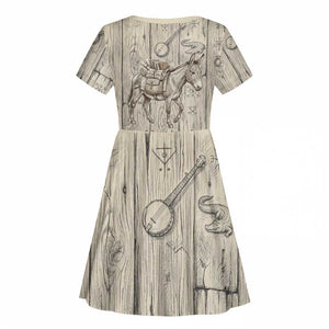 Zora Neale Hurston Kid Short Sleeve Dress Rustic Wood Engraved Style Illustration Joyful Portrait with Book and Map Donkey - African Pride