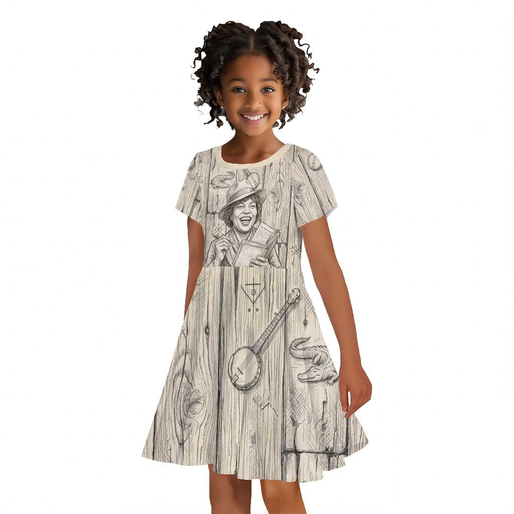 Zora Neale Hurston Kid Short Sleeve Dress Rustic Wood Engraved Style Illustration Joyful Portrait with Book and Map Donkey - African Pride