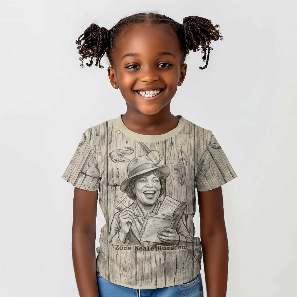 Zora Neale Hurston Kid T shirt Rustic Wood Engraved Style Illustration Joyful Portrait with Book and Map Donkey - African Pride