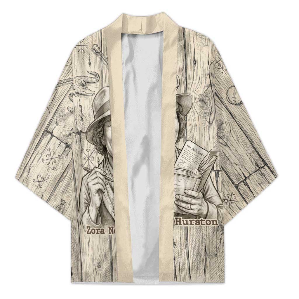 Zora Neale Hurston Kimono Rustic Wood Engraved Style Illustration Joyful Portrait with Book and Map Donkey - African Pride