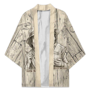 Zora Neale Hurston Kimono Rustic Wood Engraved Style Illustration Joyful Portrait with Book and Map Donkey - African Pride