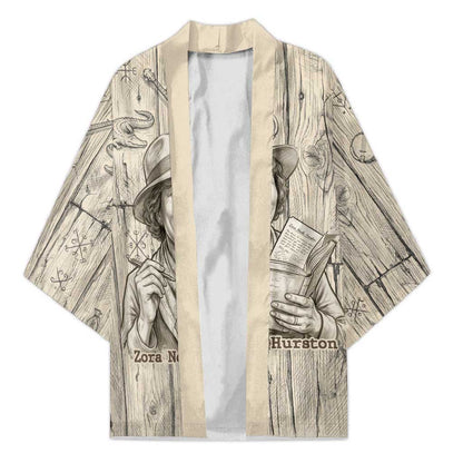 Zora Neale Hurston Kimono Rustic Wood Engraved Style Illustration Joyful Portrait with Book and Map Donkey - African Pride