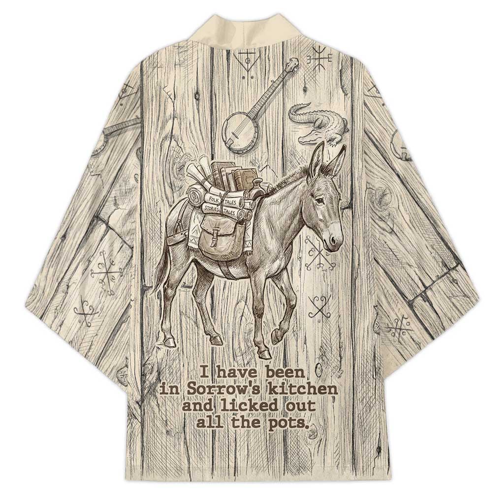 Zora Neale Hurston Kimono Rustic Wood Engraved Style Illustration Joyful Portrait with Book and Map Donkey - African Pride