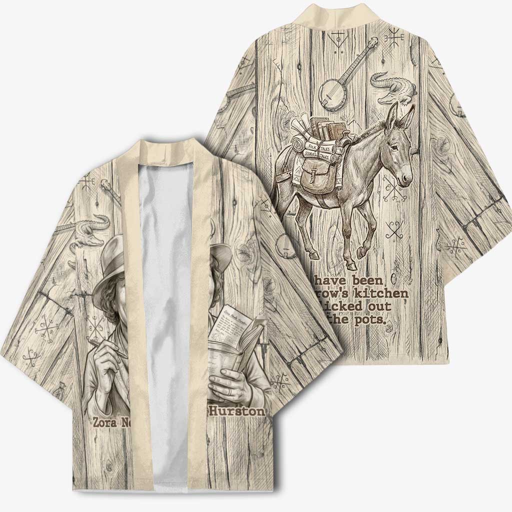 Zora Neale Hurston Kimono Rustic Wood Engraved Style Illustration Joyful Portrait with Book and Map Donkey - African Pride